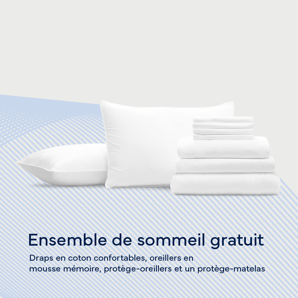 La collection d'articles essentiels pour la literie comprend : 2 oreillers en mousse à mémoire déchiquetée* 1 ensemble de draps en coton en blanc classique 1 protège-matelas imperméable WaterShield™ 2 protège-oreillers imperméables WaterShield™