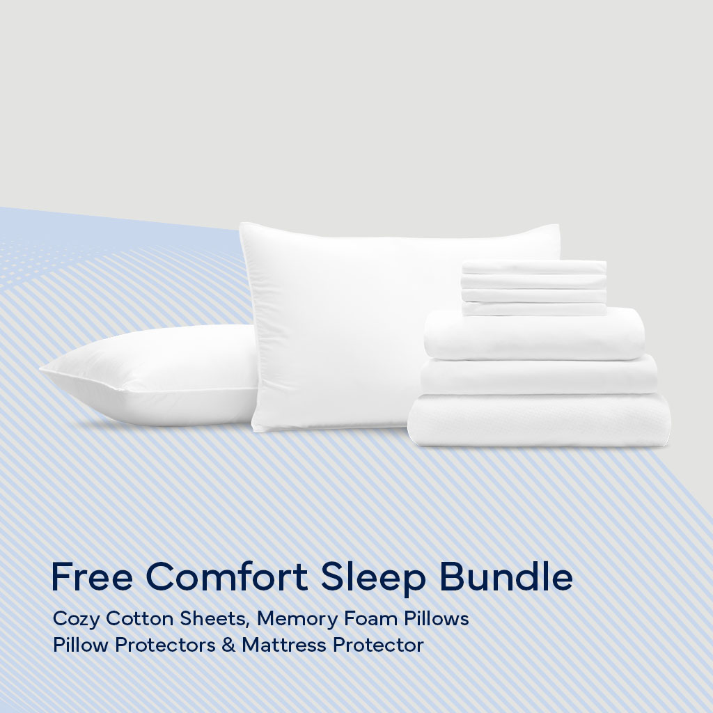 Collection of bedding essentials comes with:  2 Shredded Memory Foam Pillows* 1 Set of Cotton Sheets in classic white 1 WaterShield™ Waterproof Mattress Protector 2 WaterShield™ Waterproof Pillow Protectors