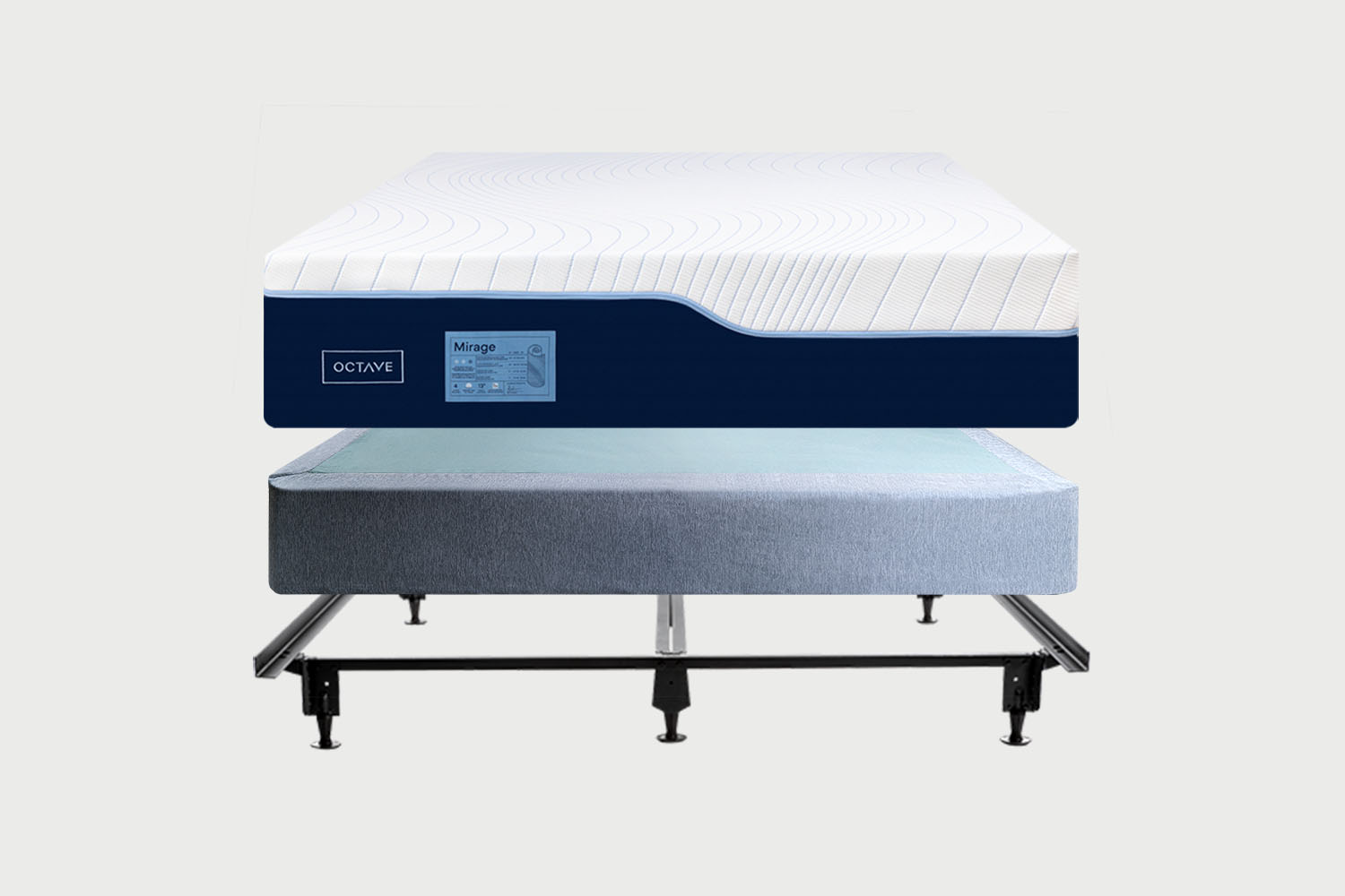 Octave Mirage mattress with Solid Wood Foundation on top of Metal Bed Frame